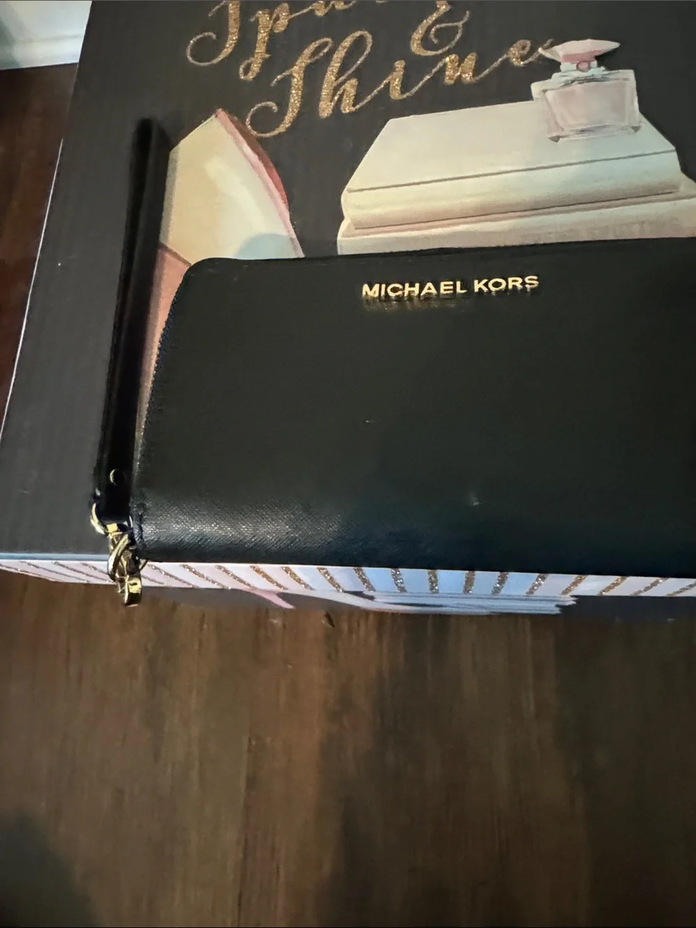 Michael Kors Black Zip-Around Wristlet Wallet with Gold Hardware